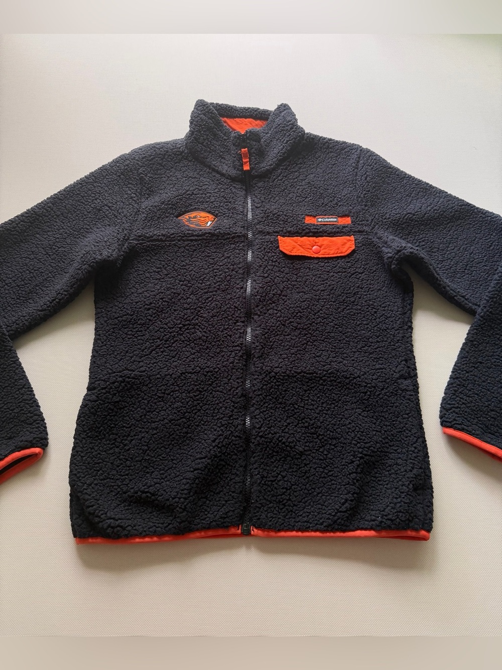 Columbia Black Sherpa Zip-Up Jacket with Orange Accents